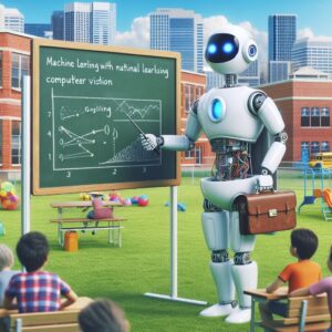 a professor robot is implementing a tutorial with the title machine learning with golang natural language processing and computer vision in a schoolyard