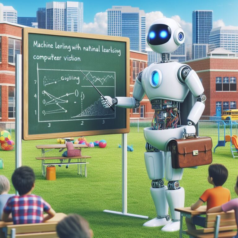 a professor robot is implementing a tutorial with the title machine learning with golang natural language processing and computer vision in a schoolyard