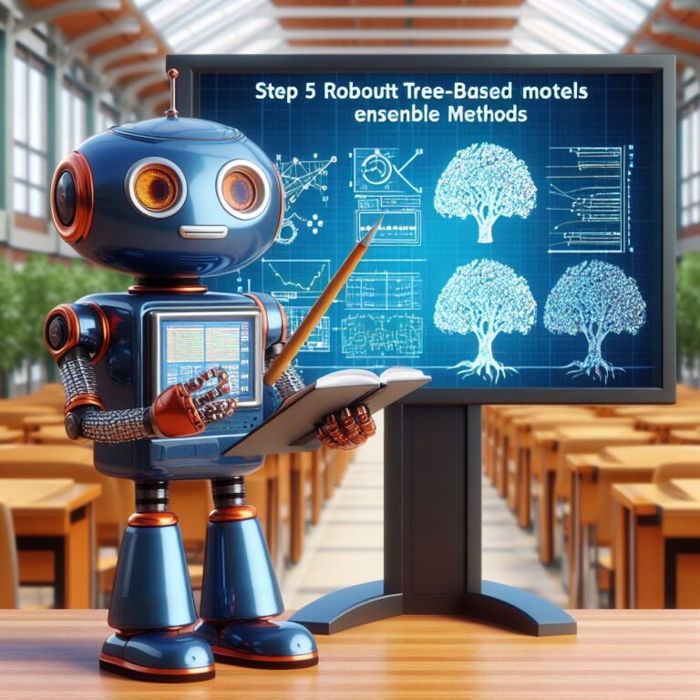 a professor robot is implementing a tutorial with the title step 5 robust tree based models and ensemble methods in a campus