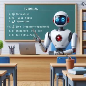 a professor robot is teaching a tutorial with the title how to use variables data types and operators in carbon programming in a study room