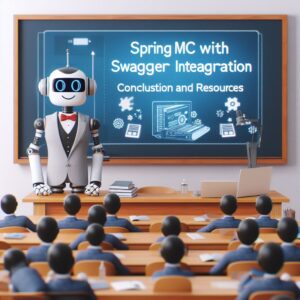 a professor robot is watching a tutorial with the title spring mvc with swagger integration conclusion and resources in a lecture hall