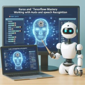 a robot is presenting a tutorial with the title keras and tensorflow mastery working with audio and speech recognition