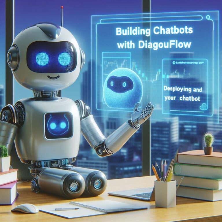 a robot is teaching a tutorial with the title building chatbots with dialogflow deploying and scaling your chatbot
