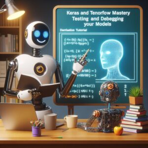 a robot is teaching a tutorial with the title keras and tensorflow mastery testing and debugging your models