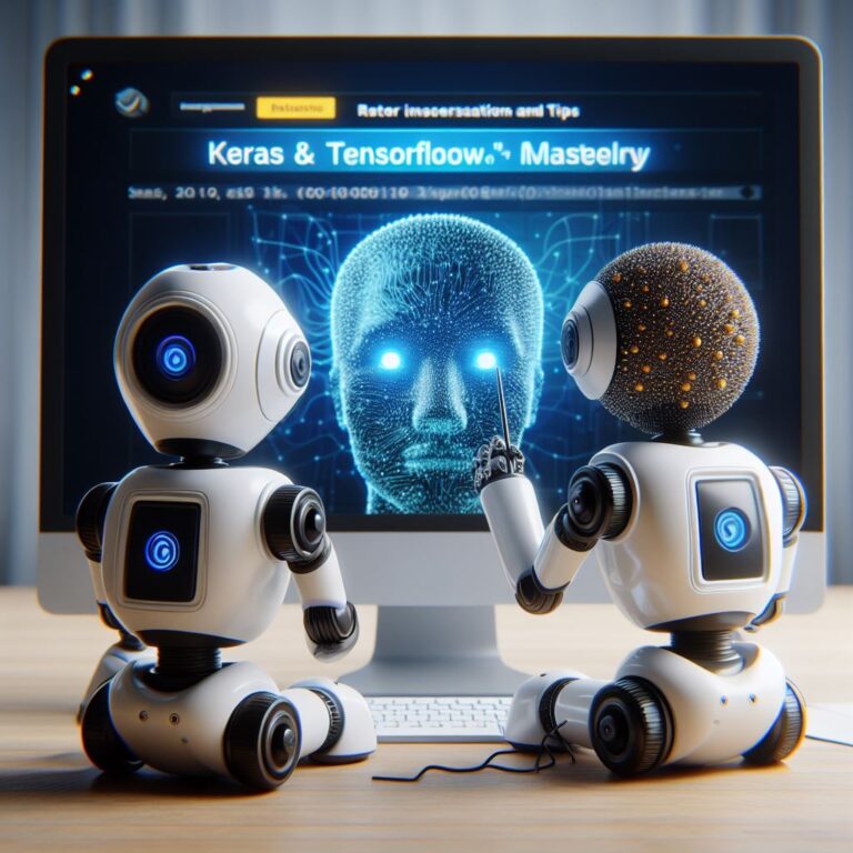 a robot is watching a tutorial with the title keras and tensorflow mastery best practices and tips