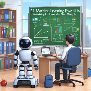 a student robot is following a tutorial with the title f1 machine learning essentials optimizing f1 score with class weights in a office