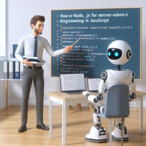 a student robot is implementing a tutorial with the title how to use node.js for server side event driven programming in javascript in a boardroom