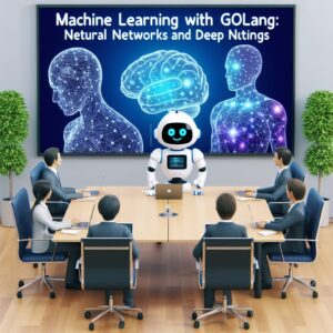 a student robot is presenting a tutorial with the title machine learning with golang neural networks and deep learning in a boardroom