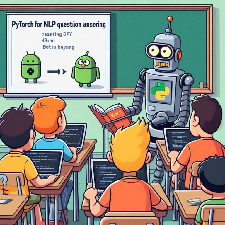 a student robot is reading a tutorial with the title pytorch for nlp question answering with bert in a class
