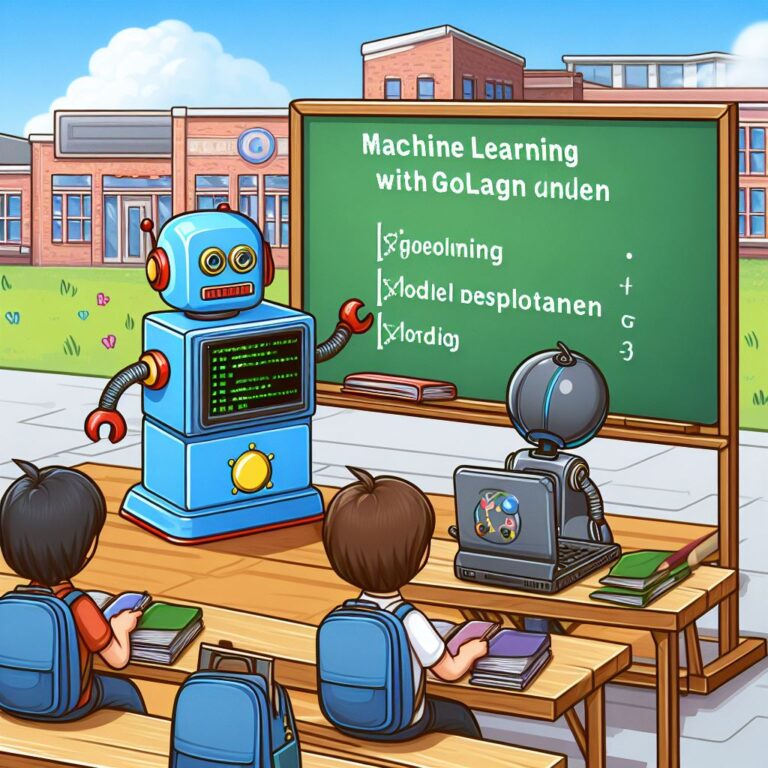 a student robot is watching a tutorial with the title machine learning with golang model deployment and testing in a schoolyard