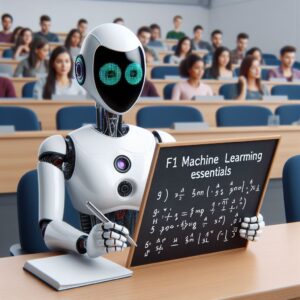 a student robot is writing a tutorial with the title f1 machine learning essentials optimizing f1 score with sampling techniques in a lecture hall
