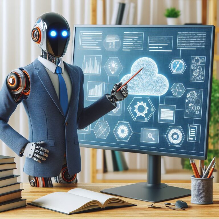a businessman robot is designing a tutorial with the title aws automl a practical guide part 7 model optimization and automation in a study room