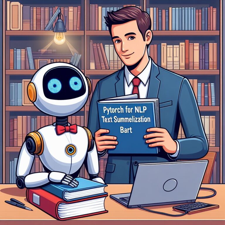 a businessman robot is developing a tutorial with the title pytorch for nlp text summarization with bart in a study room