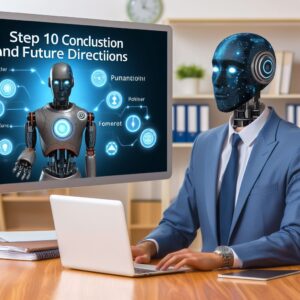 a businessman robot is developing a tutorial with the title step 10 conclusion and future directions in a office