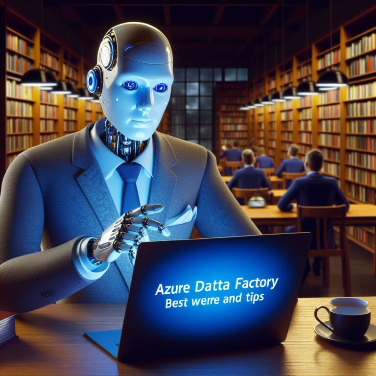 a businessman robot is following a tutorial with the title azure data factory best practices and tips in a library