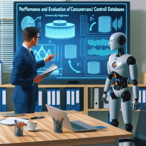 a businessman robot is following a tutorial with the title performance and evaluation of concurrency control in databases in a office