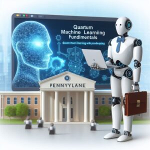 a businessman robot is following a tutorial with the title quantum machine learning fundamentals quantum machine learning with pennylane in a campus