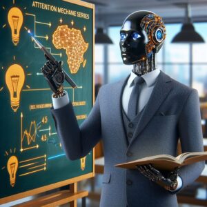 a businessman robot is implementing a tutorial with the title deep learning from scratch series attention mechanisms with tensorflow in a campus