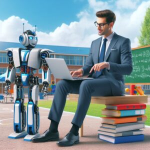 a businessman robot is implementing a tutorial with the title deep learning from scratch series transformer models with tensorflow in a schoolyard