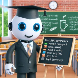 a businessman robot is implementing a tutorial with the title fastapi asynchronous async await and async sql in a schoolyard