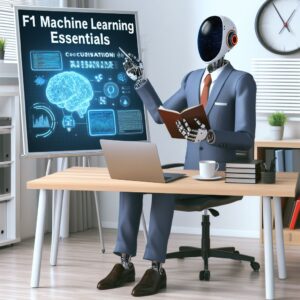 a businessman robot is publishing a tutorial with the title f1 machine learning essentials conclusion and future work in a study room
