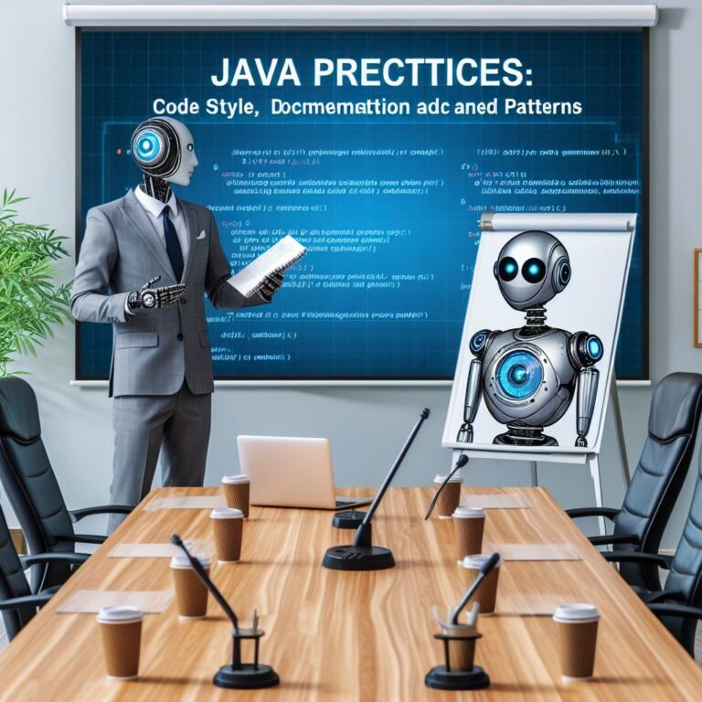 a businessman robot is publishing a tutorial with the title java best practices code style documentation and design patterns in a conference room