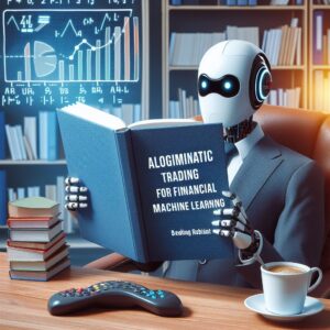 a businessman robot is reading a tutorial with the title algorithmic trading for financial machine learning in a study room
