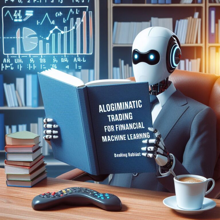 a businessman robot is reading a tutorial with the title algorithmic trading for financial machine learning in a study room