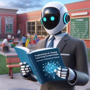 a businessman robot is reading a tutorial with the title probabilistic deep learning fundamentals generative adversarial networks in a schoolyard