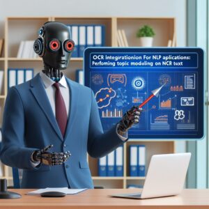 a businessman robot is teaching a tutorial with the title ocr integration for nlp applications performing topic modeling on ocr text in a office