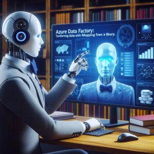 a businessman robot is watching a tutorial with the title azure data factory transforming data with mapping data flows in a library