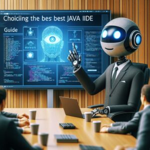 a businessman robot is watching a tutorial with the title choosing the best java ide guide visual studio code in a conference room