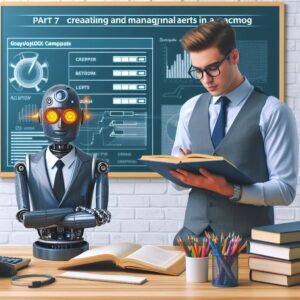 a businessman robot is writing a tutorial with the title part 7 creating and managing alerts in graylog in a campus