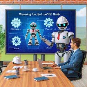 a engineer robot is designing a tutorial with the title choosing the best java ide guide jdeveloper ide in a conference room