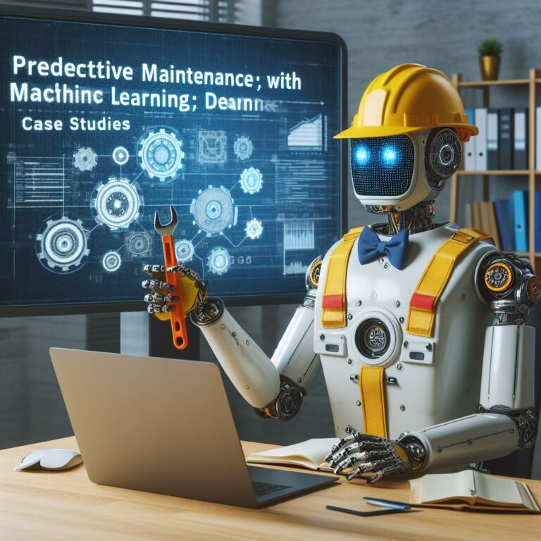 a engineer robot is developing a tutorial with the title predictive maintenance with machine learning case studies and applications in a study room