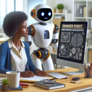 a engineer robot is following a tutorial with the title step 10 robust machine learning applications and case studies in a office
