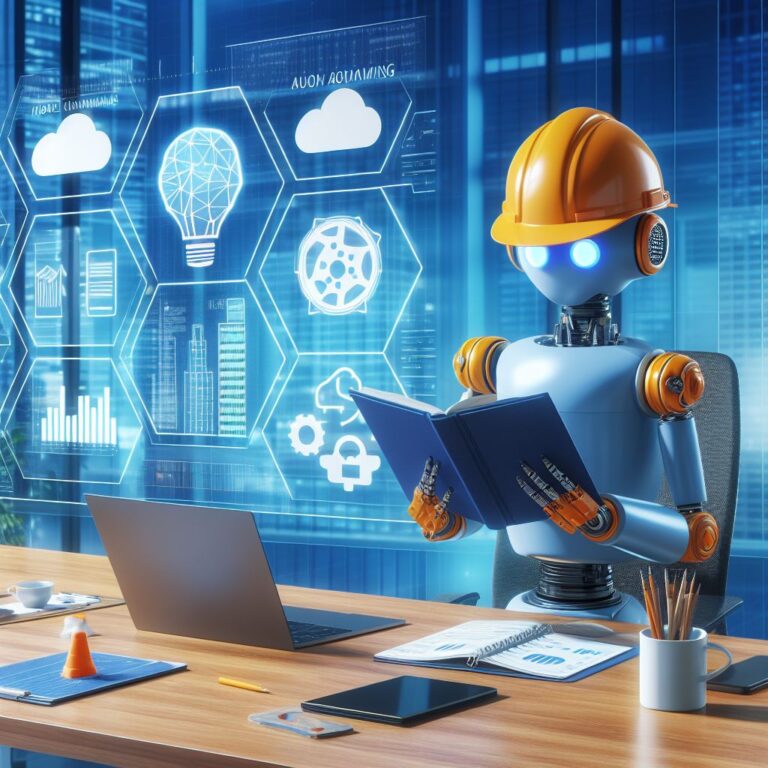 a engineer robot is implementing a tutorial with the title aws automl a practical guide part 6 model monitoring and maintenance in a boardroom