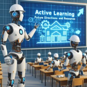 a engineer robot is presenting a tutorial with the title active learning future directions and resources in a campus