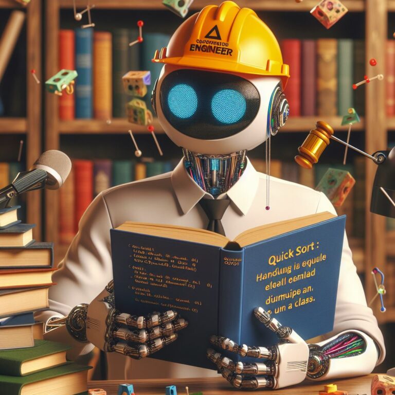 a engineer robot is reading a tutorial with the title quick sort in c handling duplicates and equal elements in a class