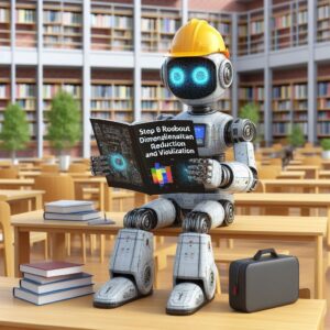 a engineer robot is reading a tutorial with the title step 8 robust dimensionality reduction and visualization in a campus