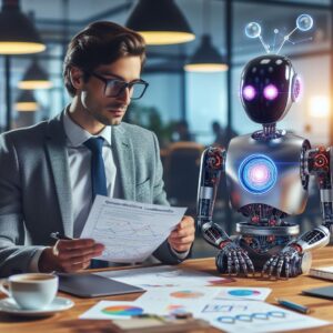 a entrepreneur robot is designing a tutorial with the title quantum machine learning fundamentals quantum machine learning with tensorflow quantum in a conference room