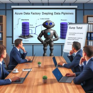 a entrepreneur robot is following a tutorial with the title azure data factory testing and deploying data pipelines in a boardroom