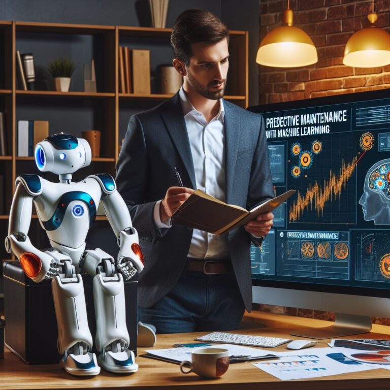 a entrepreneur robot is following a tutorial with the title predictive maintenance with machine learning challenges and best practices in a office