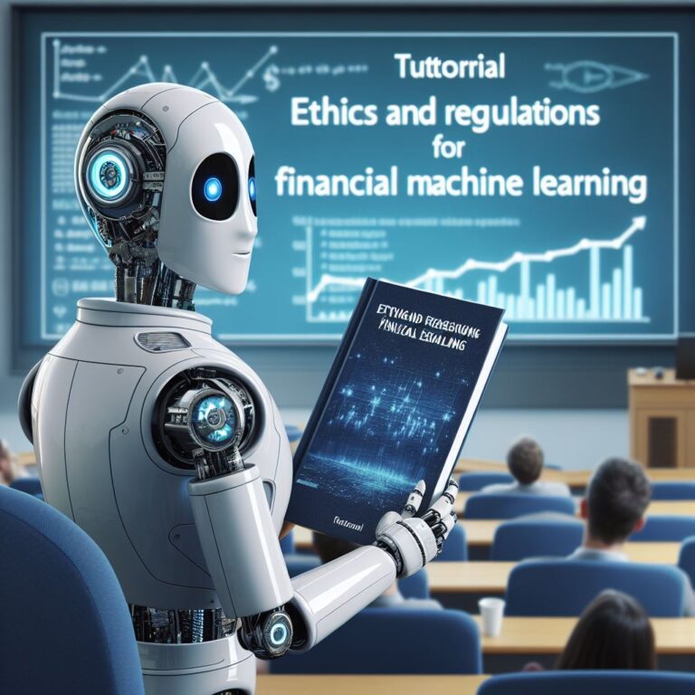 a entrepreneur robot is reading a tutorial with the title ethics and regulations for financial machine learning in a lecture hall