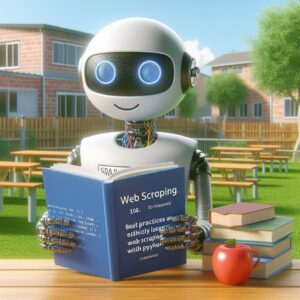 a entrepreneur robot is reading a tutorial with the title web scraping 108 best practices and ethical issues of web scraping with beautifulsoup4 in python in a schoolyard