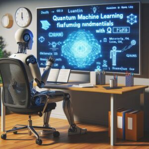 a entrepreneur robot is writing a tutorial with the title quantum machine learning fundamentals quantum machine learning with qiskit in a boardroom
