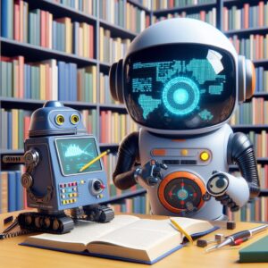a explorer robot is designing a tutorial with the title quantum machine learning fundamentals quantum machine learning with python in a library