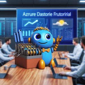 a explorer robot is developing a tutorial with the title azure data factory monitoring and troubleshooting data pipelines in a conference room