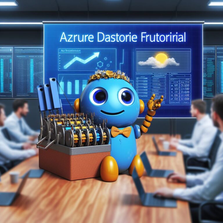a explorer robot is developing a tutorial with the title azure data factory monitoring and troubleshooting data pipelines in a conference room