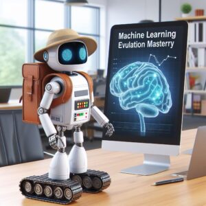 a explorer robot is following a tutorial with the title machine learning evaluation mastery how to use cross validation for model selection and evaluation in a office